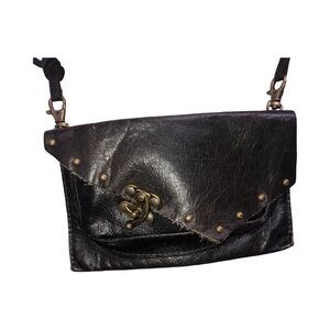 Chic Black Leather Crossbody Bag or hip wallet with Brass Accents